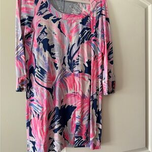 Lilly Pulitzer Long Sleeve Abstract Floral Tunic — Pink, Navy, Light Gray
